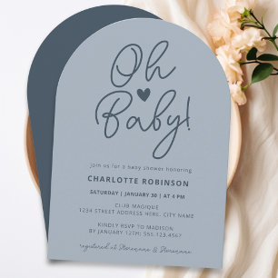 Oh Baby Minimalist Arch Dusty Blue Boy Baby Shower Invitation