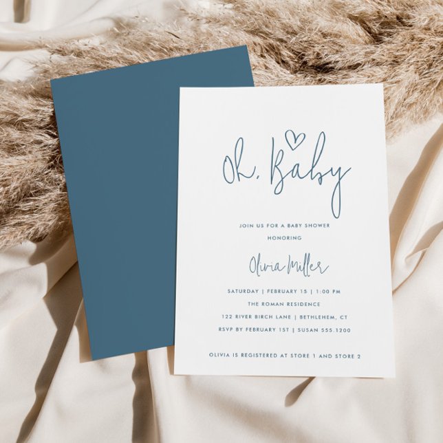 Oh Baby Minimalist Dusty Blue & White Baby Shower Invitation (Creator Uploaded)