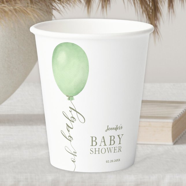 Oh Baby Minimalist Sage Green Balloon Baby Shower Paper Cups (Creator Uploaded)