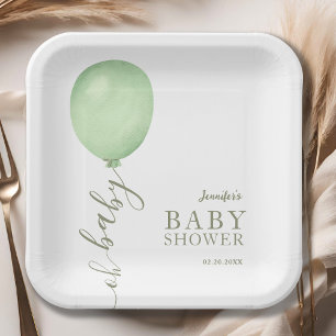 Oh Baby Minimalist Sage Green Balloon Baby Shower Paper Plate