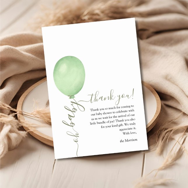 Oh Baby Minimalist Sage Green Balloon Baby Shower  Thank You Card (Creator Uploaded)