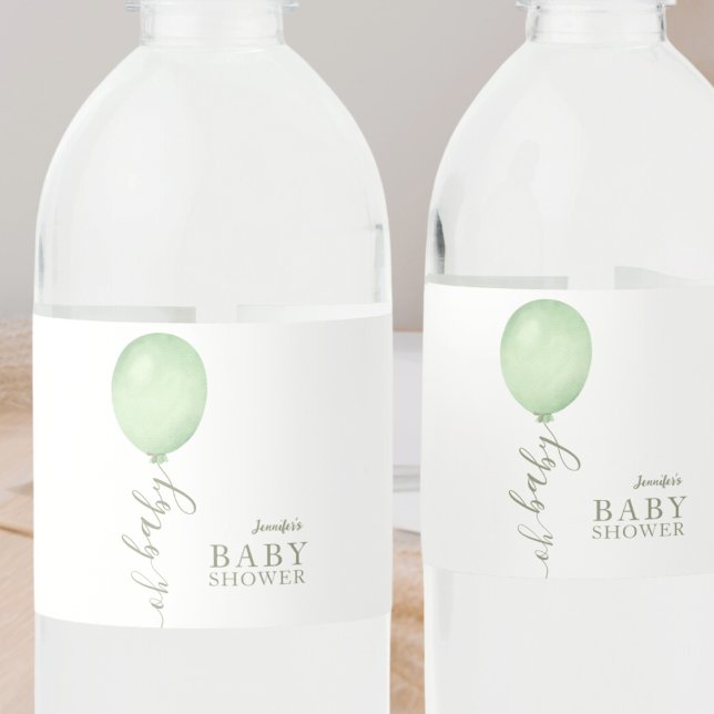 Oh Baby Minimalist Sage Green Balloon Baby Shower  Water Bottle Label (Creator Uploaded)