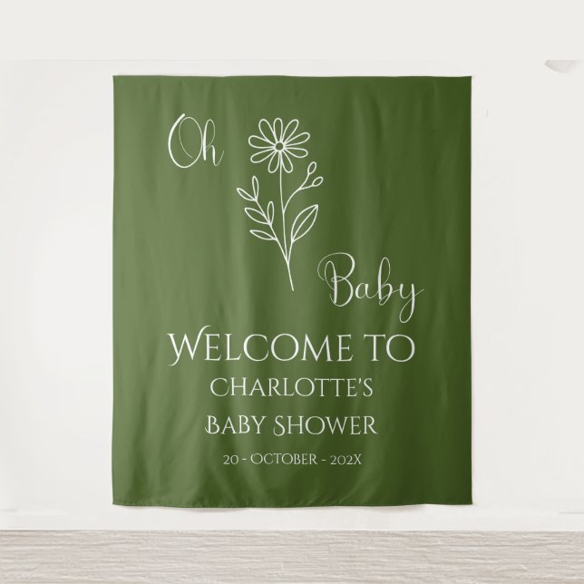 Oh Baby Minimalist Wildflower Baby Shower Backdrop Tapestry (Front)