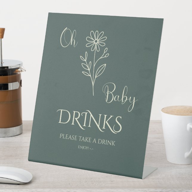 Oh Baby Minimalist Wildflower Baby Shower Drinks Pedestal Sign (In SItu)