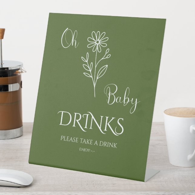 Oh Baby Minimalist Wildflower Baby Shower Drinks Pedestal Sign (In SItu)