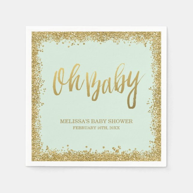 Oh Baby Mint Gold Glitter Baby Shower Napkin (Front)