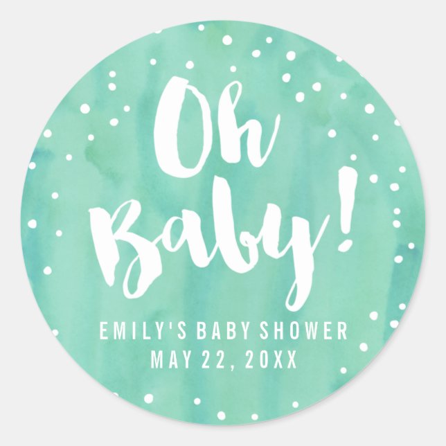 Oh Baby Mint Watercolor Baby Shower Classic Round Sticker (Front)