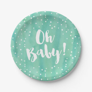 Oh Baby Mint Watercolor Baby Shower Paper Plate