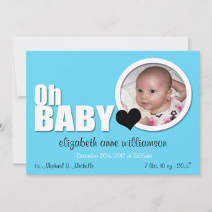 Oh Baby, Modern Aqua Blue Photo Birth Announcement
