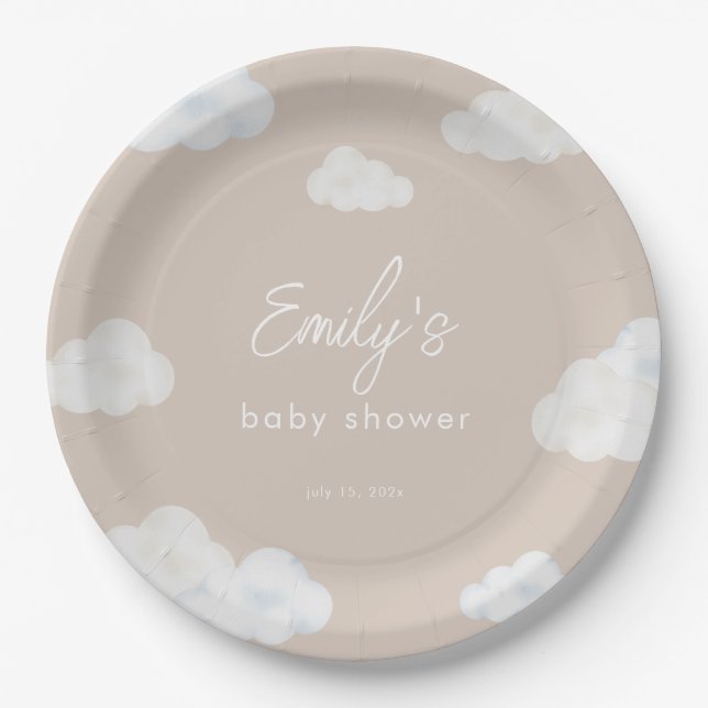 Oh Baby Modern Beige Cloud Baby Shower Plates (Front)