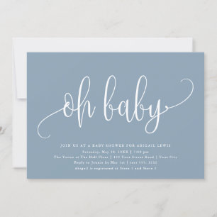 Oh Baby Modern Calligraphy Dusty Blue Baby Shower Invitation