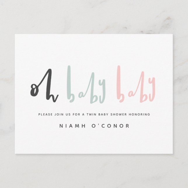 Oh baby modern contemporary twin baby shower holiday postcard (Front)