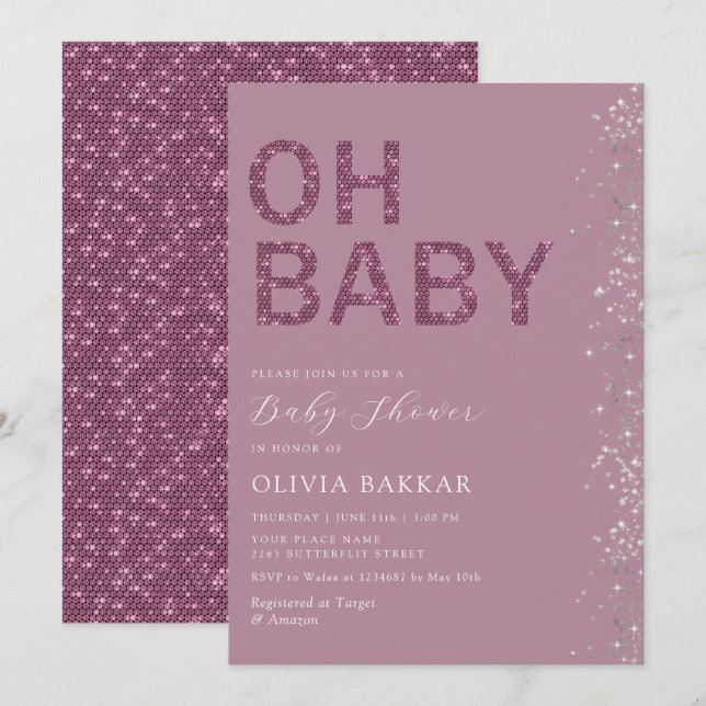 Oh Baby Modern Cute Purple Boho Girl Baby Shower Invitation (Front/Back)
