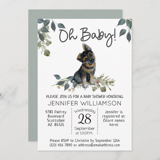 Oh Baby! Modern Dog Baby Shower German Shepherd Invitation (Front/Back)