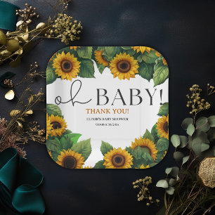 "Oh Baby" Modern Elegant Sunflower Baby Shower Paper Plate