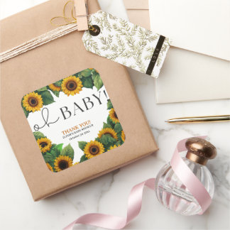 "Oh Baby" Modern Elegant Sunflower Baby Shower Square Sticker