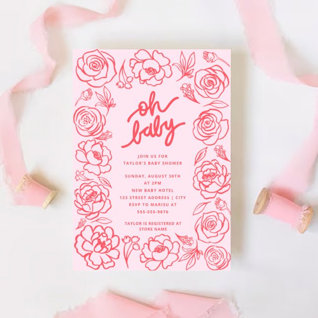 Oh Baby Modern Flowers Blush Pink Girl Baby Shower Invitation (Creator Uploaded)