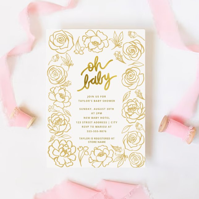 Oh Baby Modern Flowers Gold Girl Baby Shower Invitation (Creator Uploaded)
