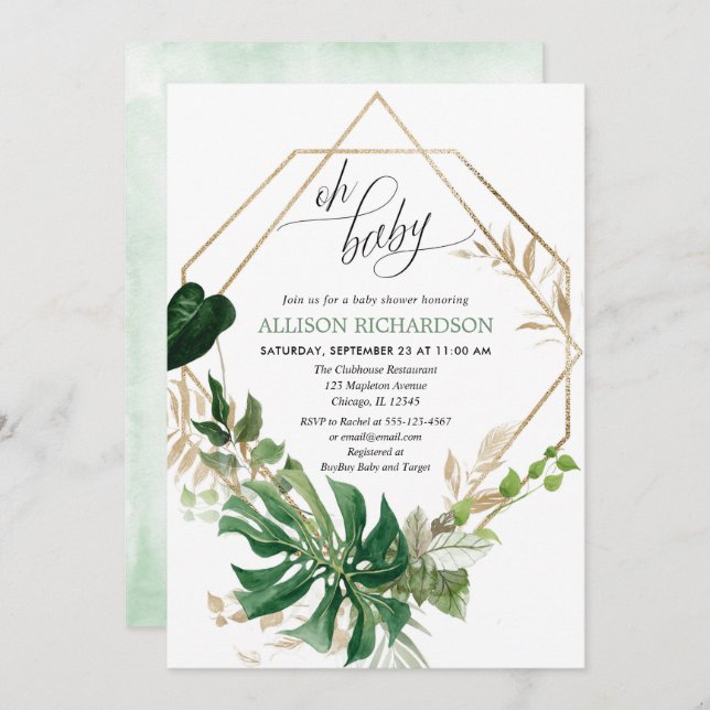Oh baby modern geometric greenery baby shower invitation (Front/Back)
