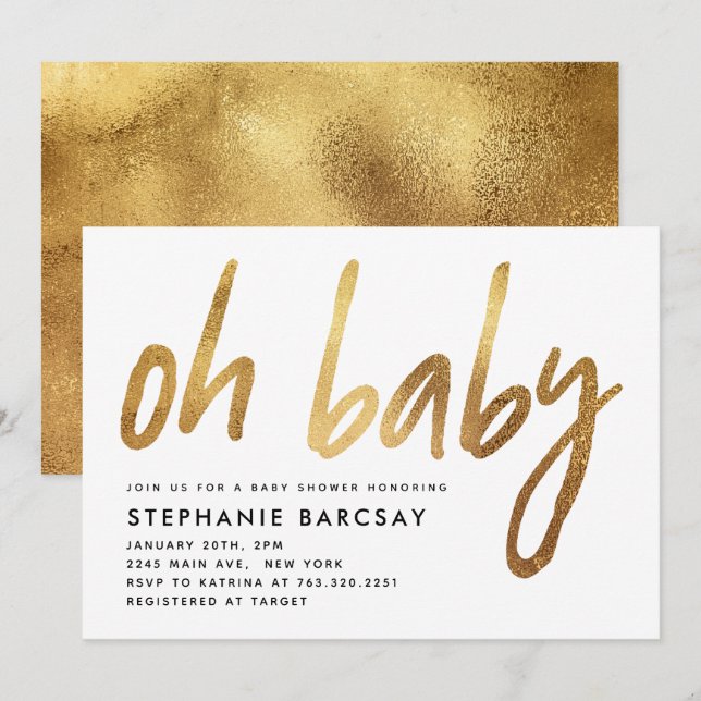 Oh Baby Modern Glam Gold Glitter Baby Shower Invitation (Front/Back)