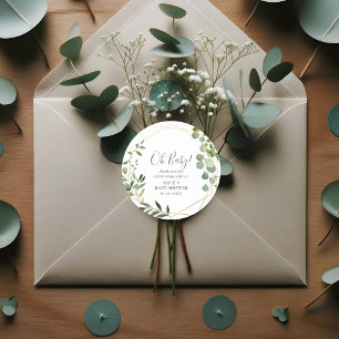 Oh Baby Modern Greenery Leaves Baby Shower Classic Classic Round Sticker