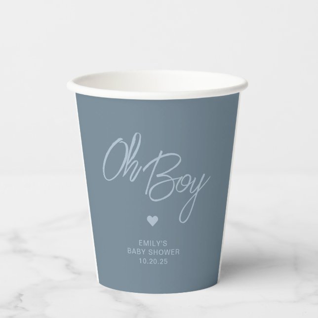 Oh Baby Modern Minimal Dusty Blue Boy Baby Shower Paper Cups (Front)