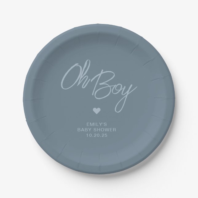 Oh Baby Modern Minimal Dusty Blue Boy Baby Shower Paper Plate (Front)