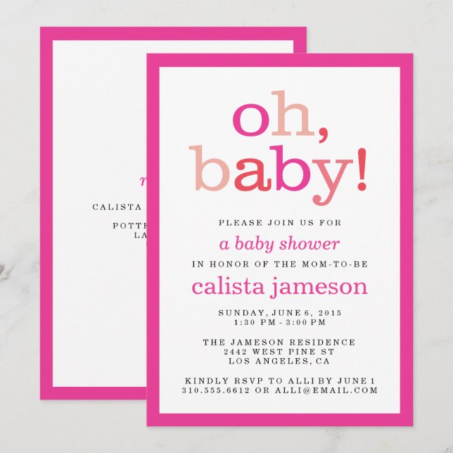 Oh Baby! Modern Pink Girl Baby Shower Invitations (Front/Back)