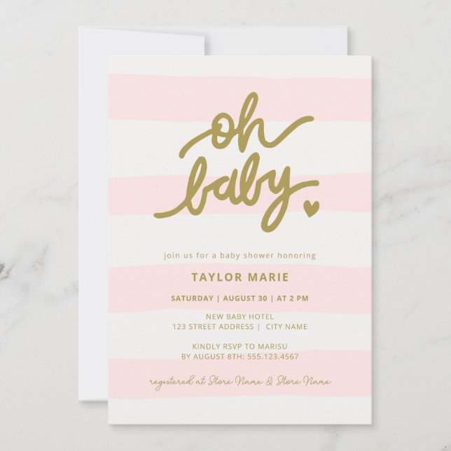 Oh Baby Modern Pink Stripes Girl Baby Shower Invitation (Front)