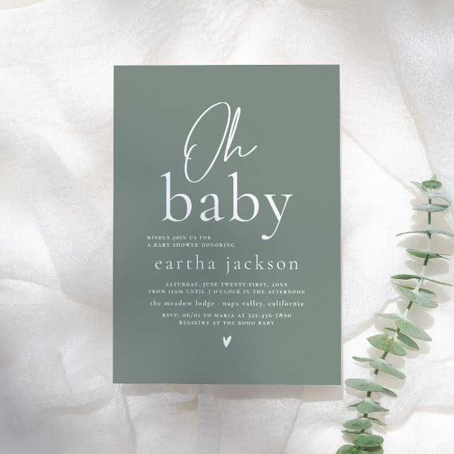 Oh Baby Modern Script Sage Green Boho Baby Shower Invitation (Creator Uploaded)