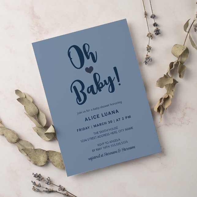 Oh Baby Modern Simple Dusty Blue Boy Baby Shower Invitation (Creator Uploaded)