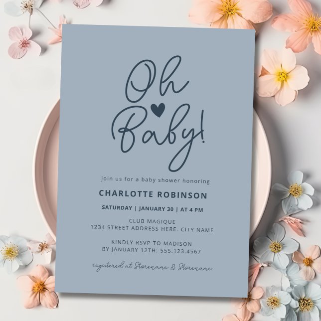 Oh Baby Modern Simple Dusty Blue Boy Baby Shower Invitation (Oh Baby Modern Simple Dusty Blue Boy Baby Shower Invitation)