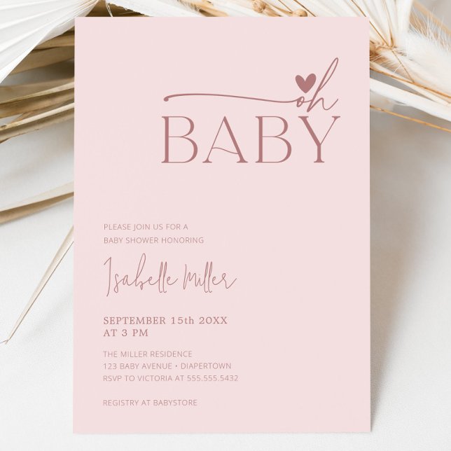 Oh Baby Modern Simple Dusty Pink Girl Baby Shower  Invitation (Oh Baby Modern Simple Dusty Pink Girl Baby Shower Invitation)