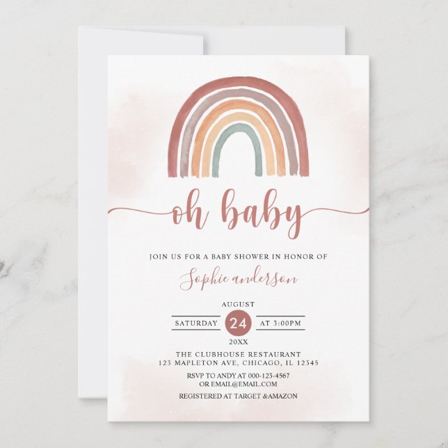 Oh Baby Muted Tones Boho Rainbow Baby Shower Invitation (Front)