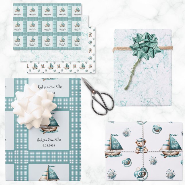 "Oh, Baby" Nautical Wrapping Paper 3 Styles ("Oh. Baby" Customized Wrapping Paper in a Nautical Blue Theme for Baby Shower or New Baby Gift)