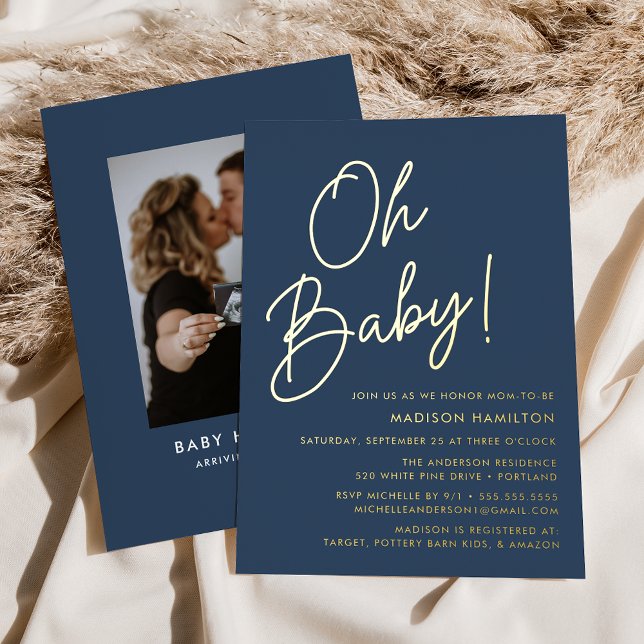 Oh Baby Navy and Gold Script Photo Baby Shower (Creator Uploaded)