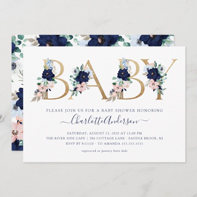 Oh Baby Navy Blue & Blush Floral Baby Shower Invitation (Front/Back)