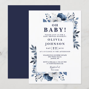 Oh Baby Navy Blue Elegant Floral Baby Shower Invitation