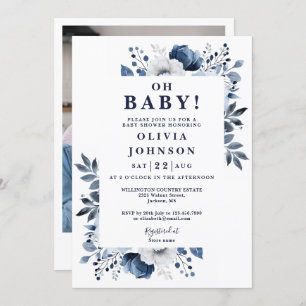 Oh Baby Navy Blue Floral Photo Baby Shower Invitation