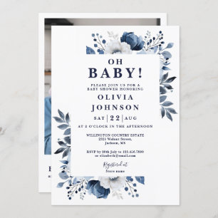 Oh Baby Navy Blue Floral Photo QR Baby Shower Invitation