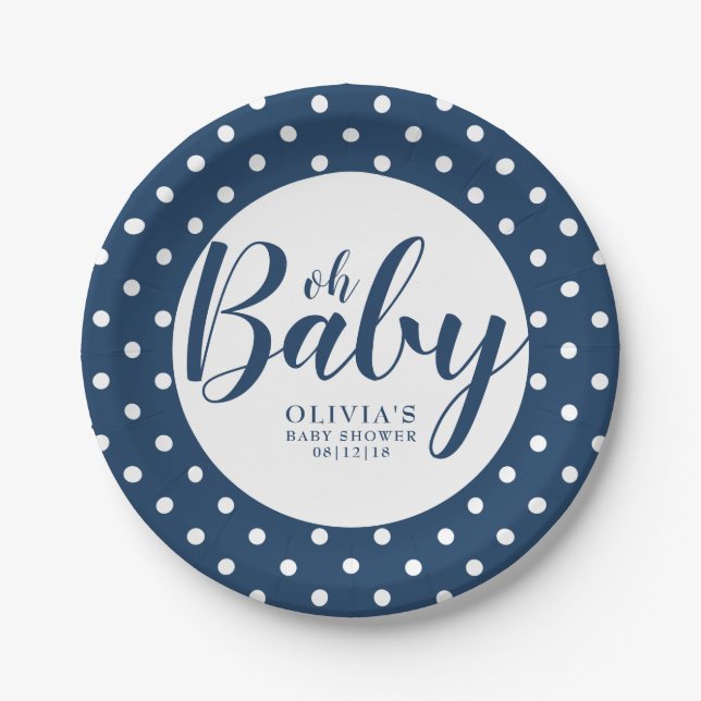 Oh Baby - Navy Blue Polka Dot Baby Shower Paper Plate (Front)