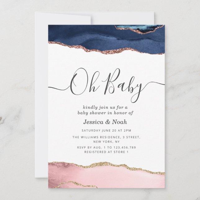Oh Baby navy blush agate baby shower invitation (Front)