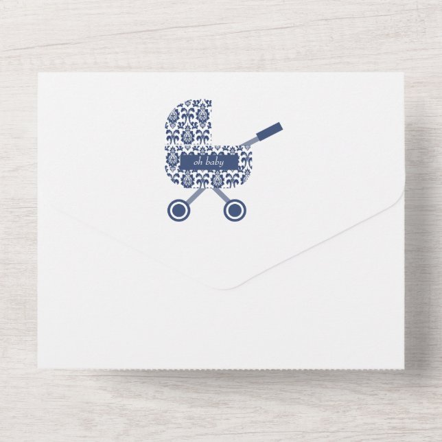 Oh Baby Navy Damask Pram Baby Shower  All In One Invitation (Back)