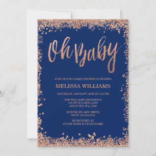 Oh Baby Navy Faux Rose Gold Glitter Baby Shower Invitation