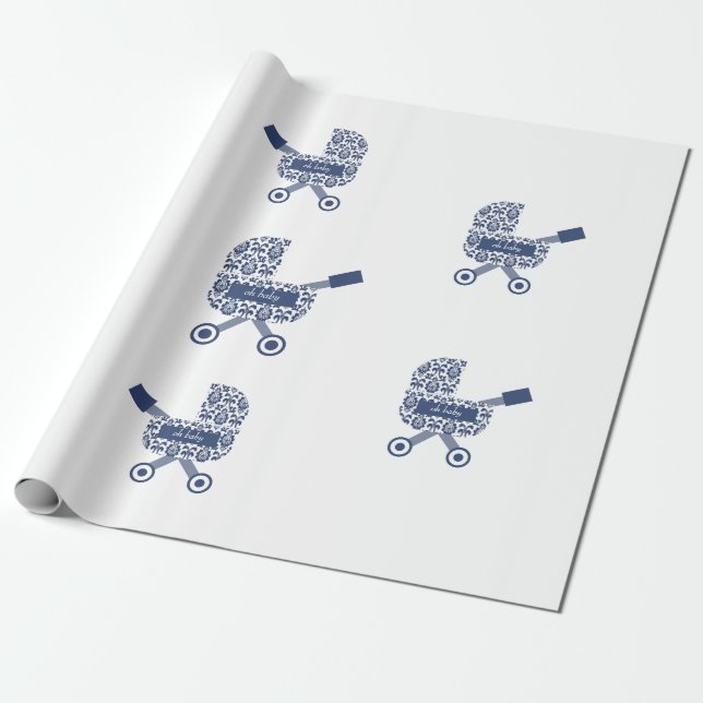 Oh Baby Navy Pram Baby Shower Wrapping Paper (Unrolled)