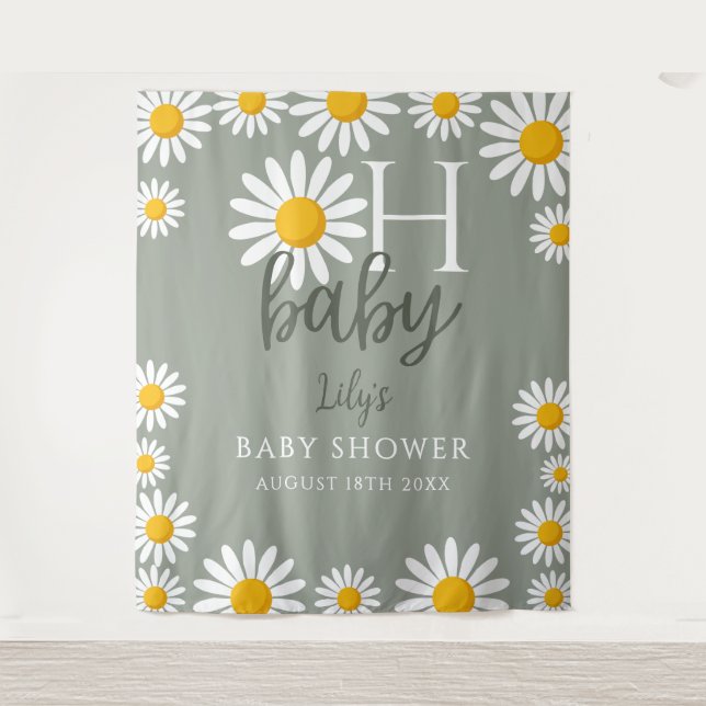 Oh Baby Neutral Daisy Baby Shower Photo Backdrop Tapestry (Front)