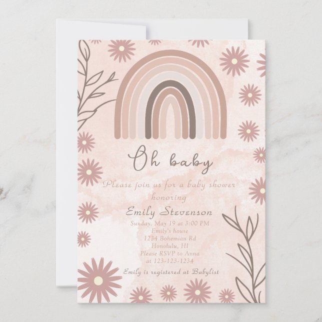 Oh Baby Neutral Rainbow Baby Shower Boho Floral Invitation (Front)