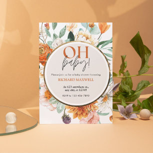 Oh Baby Orange Floral and Gold Baby Shower Invitation