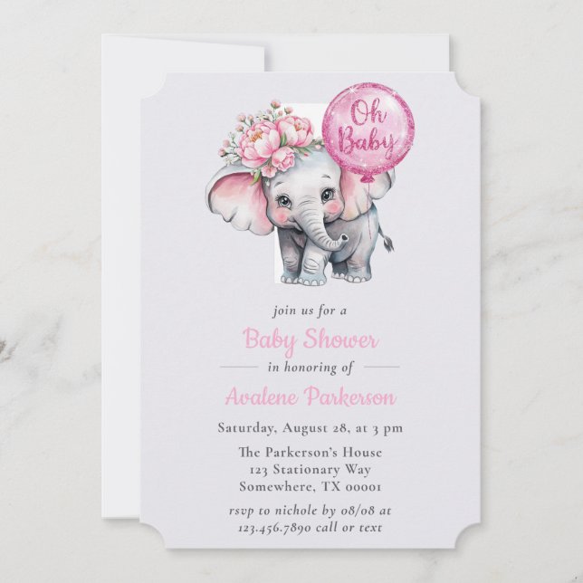 Oh Baby Painted Elephant Floral Girl Baby Shower Invitation (Front)