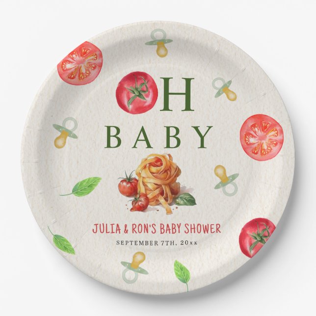 Oh Baby Pasta & Pacifiers Baby Shower Paper Plate (Front)